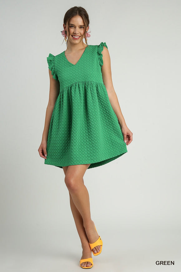 Jacquard Vneck Babydoll Dress Green