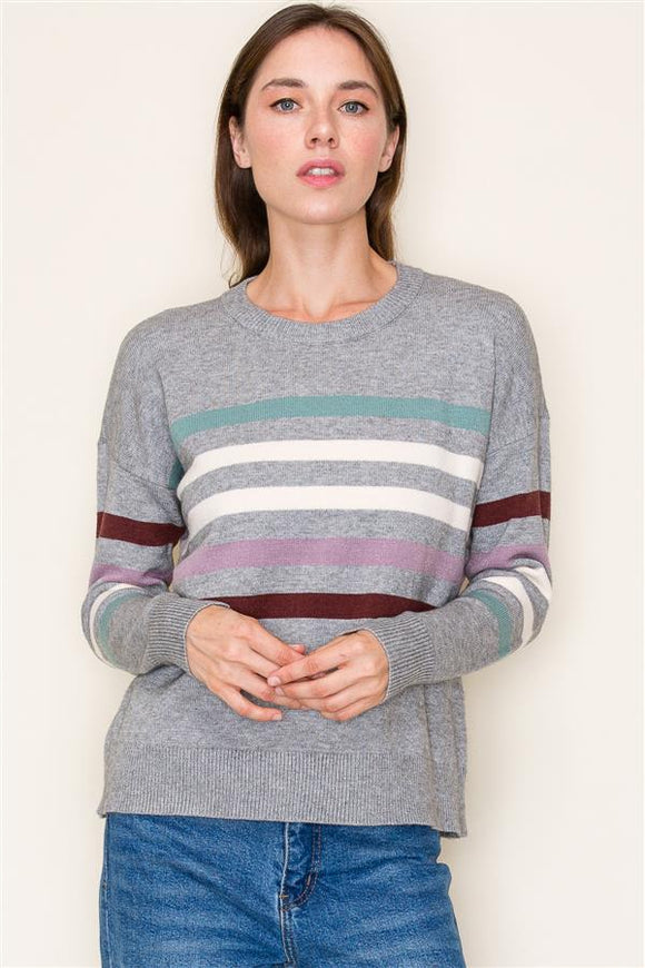 Multi Color Stripe Crewneck Sweater Grey