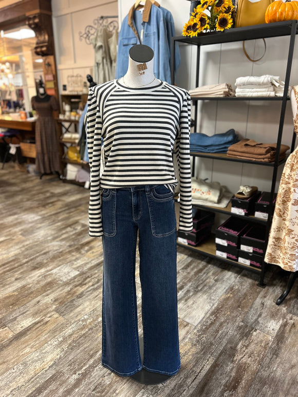 Crew L/S Stripe Dressy Top Charcoal