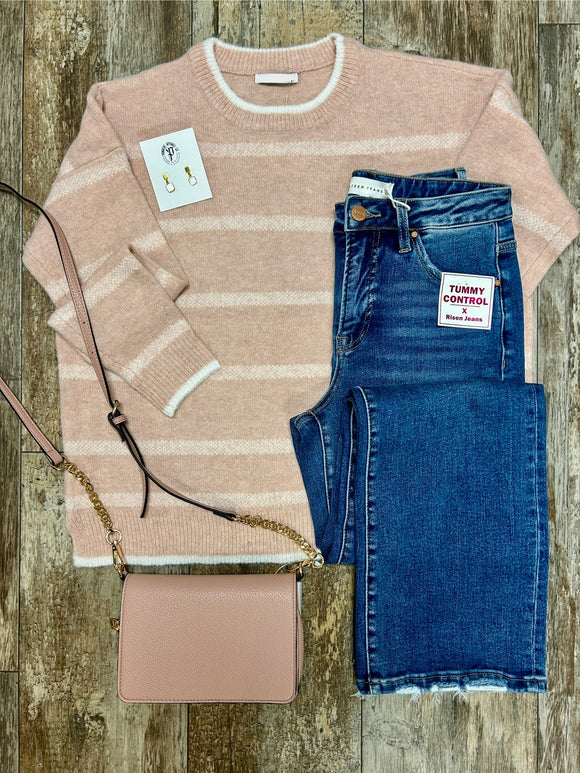Texture Stripe Crew Sweater Blush