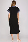 Drop Shoulder Denim Collar Dress Blk