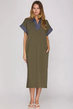 Drop Shoulder Denim Collar Dress Olive