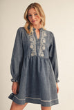 Denim Mini Dress w/ Embroidered Detail