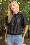 Ribbed Band Solid Faux Leather Top Blk