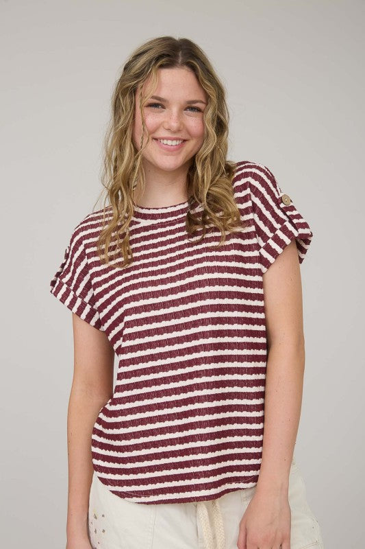 Stripe Texture Knit Top Burgundy