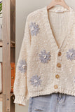 Chunky Cropped Cardigan w/ Floral Detail Ivory