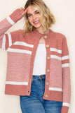 Mockneck Button Front Stripe Cardigan Mauve