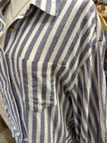 3/4 Slv Stripe Linen Ruffle Top