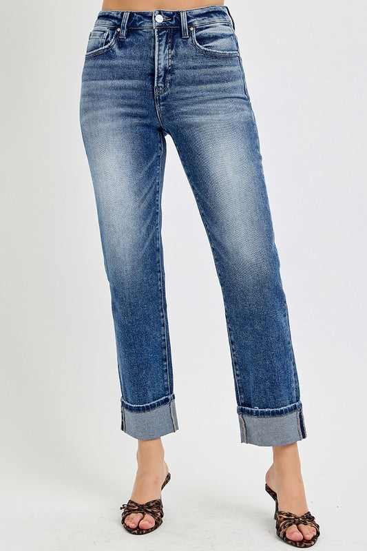 Tummy Control High Rise Crop Straight Cuff Jean