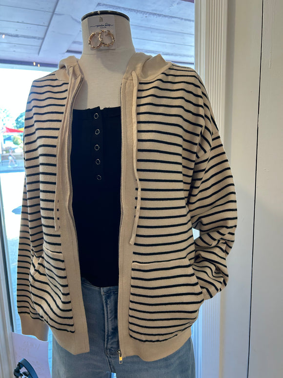 L/S Striped Sweater Zip Up Oatmeal