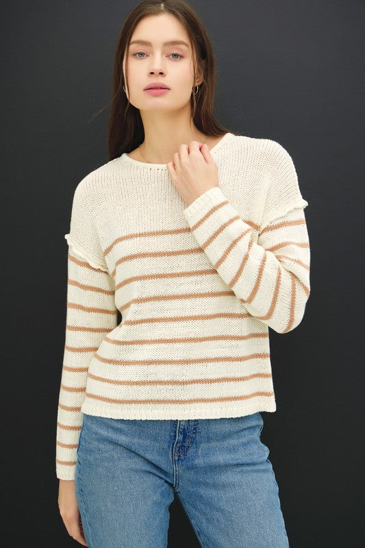 Stripe Sweater w/ Drop Shoulder Raw Seam Taupe