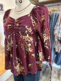 Puff Shoulder Floral Blouse Plum