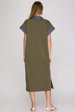 Drop Shoulder Denim Collar Dress Olive