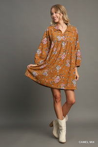 Floral Corduroy Mini Dress w/Fray Detail