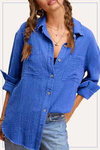 Soft Crinkled Gauze Button Down Shirt Blue