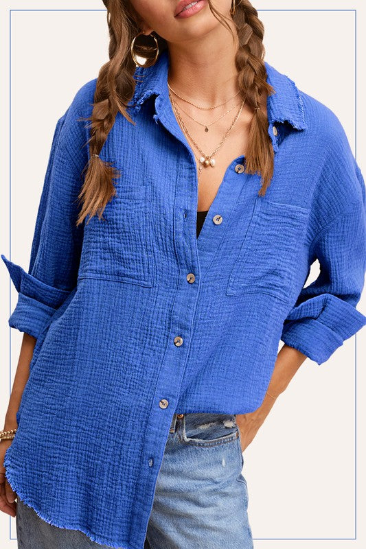 Soft Crinkled Gauze Button Down Shirt Blue