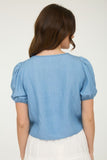Scallop Trim Embroidered Denim Shirt