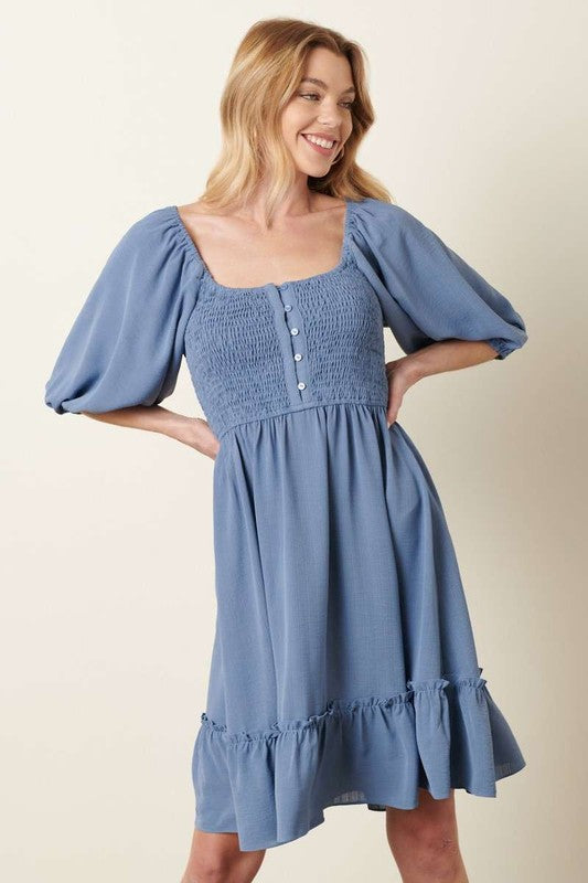 Smocked Puff Slv Mini Dress