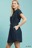 Pleated S/S Chambray Mini Dress