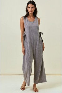 Soft Striped Overalls w/ Side Ribbon Tie Brown
