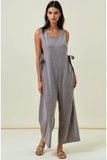 Soft Striped Overalls w/ Side Ribbon Tie Brown