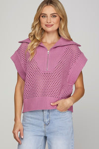 Collared Drop Shoulder 1/2 Zip Sweater Mauve
