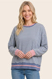 Color Contrast Striped Raw Edge L/S Top Blue