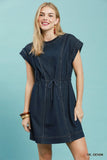 Pleated S/S Chambray Mini Dress