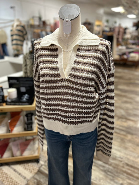 Stripe Collared L/S Crochet Sweater Mocha