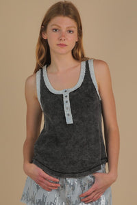 Henley Tank Blk w/ Denim Detail