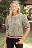 Stripe Band Detail Floral Eyelet Top Olive