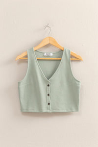 V-Neck 3 Button Knit Tank Sage Grn