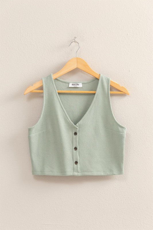 V-Neck 3 Button Knit Tank Sage Grn