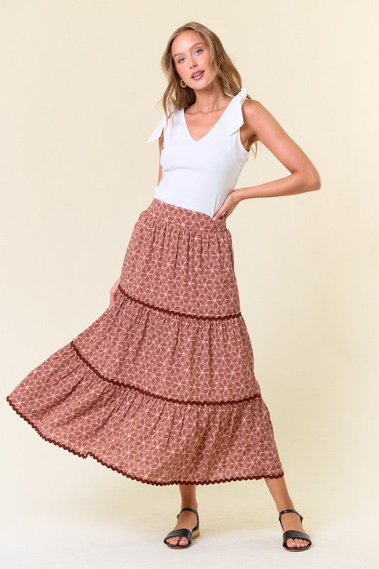 Floral Rick Rack Lace Tiered Maxi Skirt Terracotta