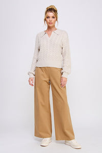 Button Detail Heavy Twill Wide Leg Pants