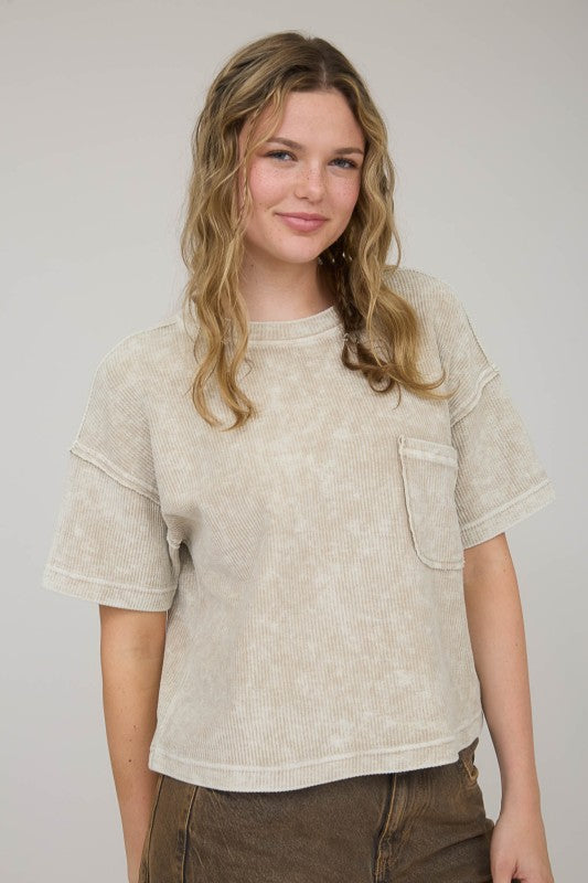 Washed Ribbed S/S Tee w/ Pocket Khaki