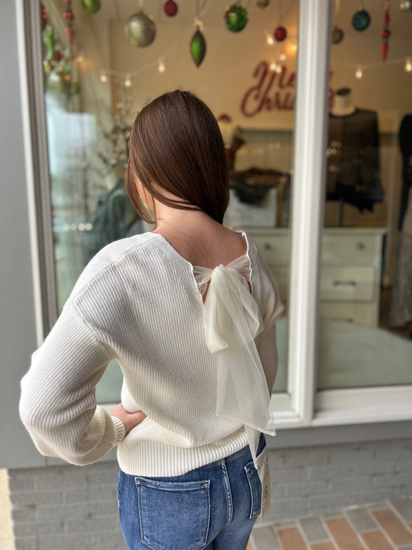 Drop Shoulder Back Bow Detail Sweater Cream