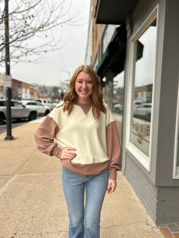 Buttery Soft L/S Colorblock Top Off White/Sepia