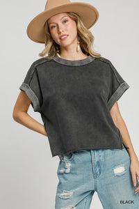 Mineral Washed Dolman Crop Shirt Blk