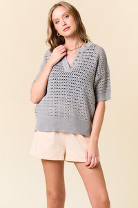 Split Vneck S/S Sweater Grey