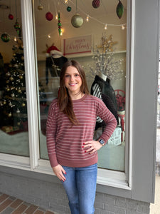 Striped Round Neck L/S Knit Top Marsala