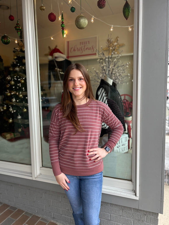 Striped Round Neck L/S Knit Top Marsala