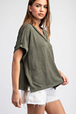 Textured V-Neck S/S Top Olive