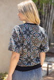 Band Detail Embroidered Print Top