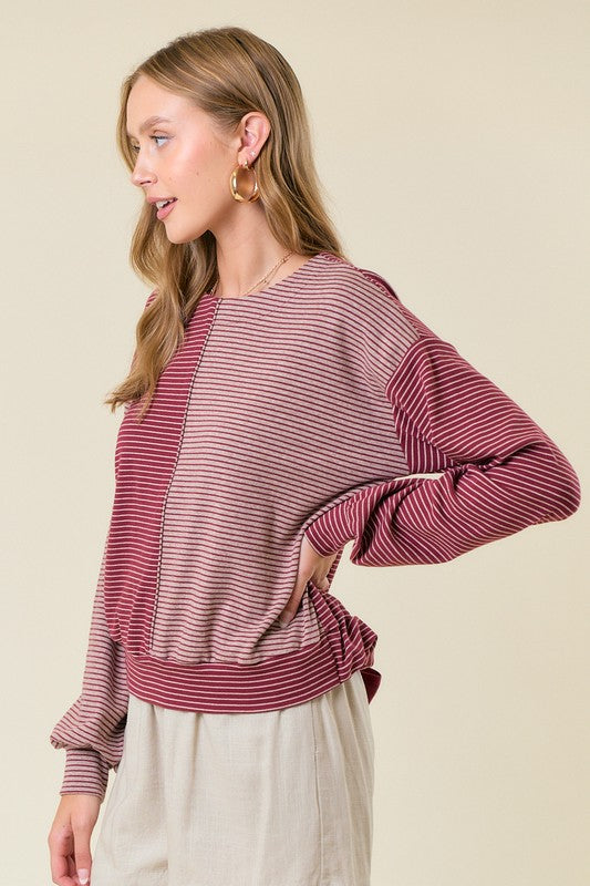 Stripe L/S Drawstring Back Top