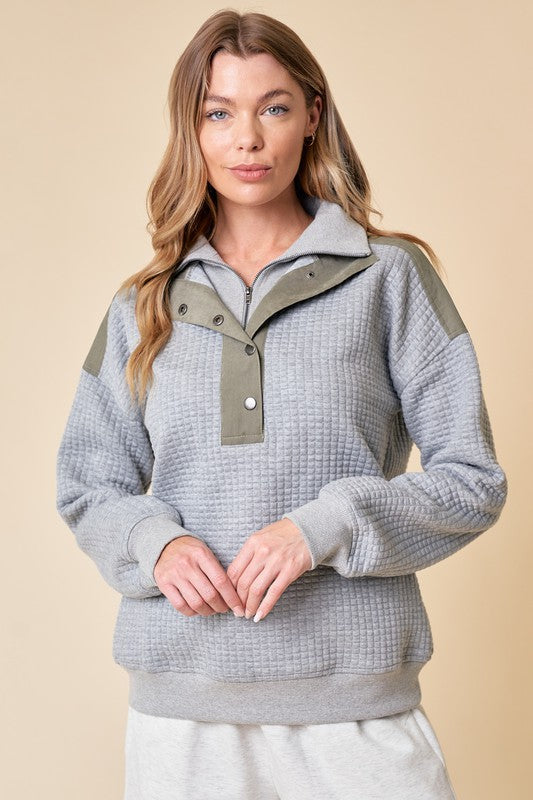 Quilted Hoodie w/Zipper Neck Grey/Green