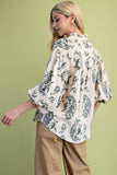 Button Down Blouse 3/4 Balloon SLv Navy