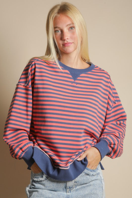 Oversized Navy/Coral Stripe Sweatshirt