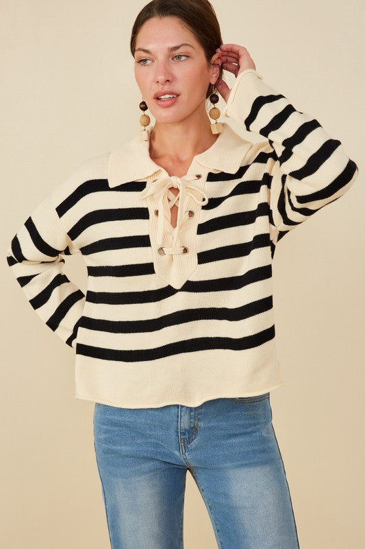 Lace Up Stripe Sweater