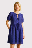 Tied Ribbon Puff Slv Woven Dress Navy